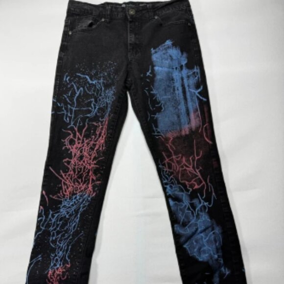 Waimea Youth Boy's Skinny Fit Paint Splatter Black Denim Jeans - Picture 1 of 5